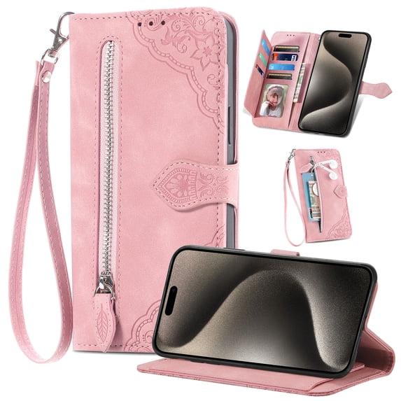 ShellTech Zipper Wallet Case for iPhone 12 mini,Magnetic Closure Leather Card Slots Wallet Case Shockproof TPU Kickstand Cover with Lanyard,Pink