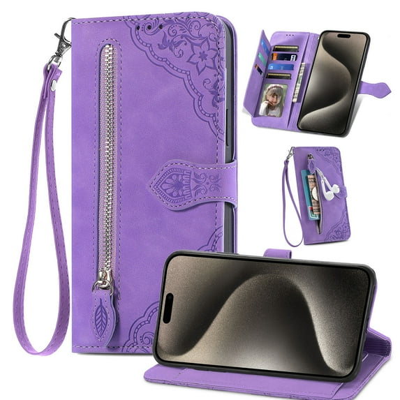 ShellTech Zipper Wallet Case for iPhone 12 mini,Magnetic Closure Leather Card Slots Wallet Case Shockproof TPU Kickstand Cover with Lanyard,Purple