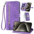 thumbnail image 1 of ShellTech Zipper Wallet Case for iPhone 15,Magnetic Closure Leather Card Slots Wallet Case Shockproof TPU Kickstand Cover with Lanyard,Purple, 1 of 7