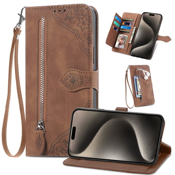 ShellTech Zipper Wallet Case for iPhone 15 Pro Max,Magnetic Closure Leather Card Slots Wallet Case Shockproof TPU Kickstand Cover with Lanyard,Brown