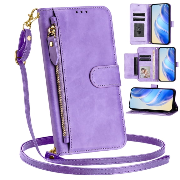 ShellTech Zipper Wallet Case for iPhone 11,Magnetic Closure Premium Leather Card Slots Wallet Case with Crossbody Shoulder Strap / Wrist Strap Shockproof Kickstand Cover,Purple