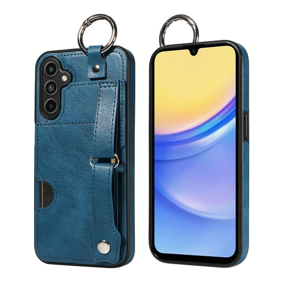 ShellTech for Ring Holder Samsung Galaxy A15 Case , Shockproof Leather Hand Strap Kickstand Card Slot Case TPU Back Cover for Galaxy A15,Blue