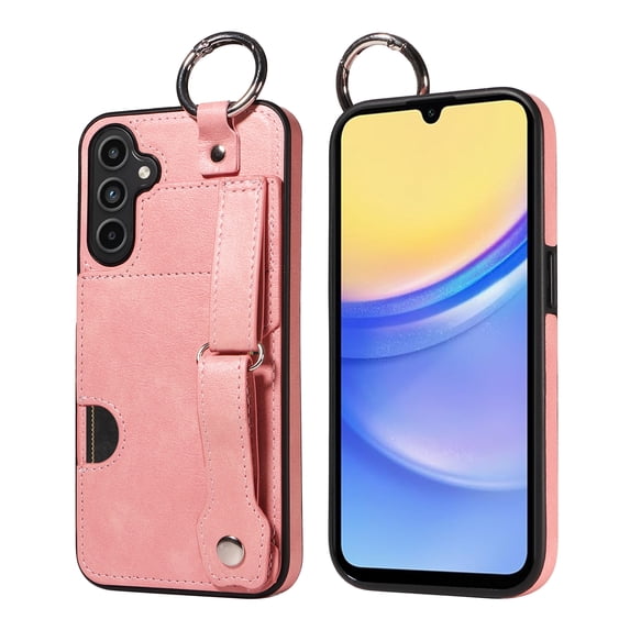 ShellTech for Ring Holder Samsung Galaxy A15 Case , Shockproof Leather Hand Strap Kickstand Card Slot Case TPU Back Cover for Galaxy A15,Pink