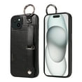 thumbnail image 1 of ShellTech for Ring Holder iPhone 15 Case , Shockproof Leather Hand Strap Kickstand Card Slot Case TPU Back Cover for iPhone 15,Black, 1 of 9