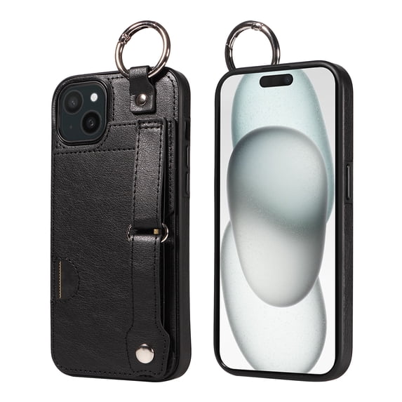 ShellTech for Ring Holder iPhone 15 Case , Shockproof Leather Hand Strap Kickstand Card Slot Case TPU Back Cover for iPhone 15,Black