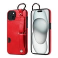 thumbnail image 1 of ShellTech for Ring Holder iPhone 15 Case , Shockproof Leather Hand Strap Kickstand Card Slot Case TPU Back Cover for iPhone 15,Red, 1 of 9