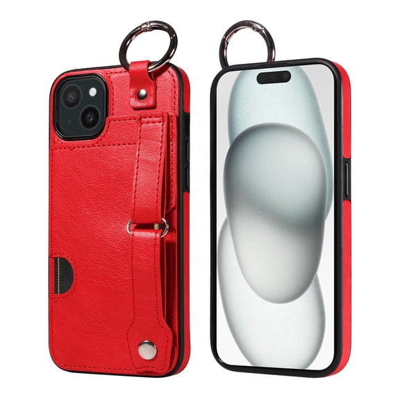 ShellTech for Ring Holder iPhone 15 Case , Shockproof Leather Hand Strap Kickstand Card Slot Case TPU Back Cover for iPhone 15,Red