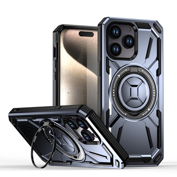 ShellTech for iPhone 13 Pro Max is a rugged shock-absorbing case with a ring stand and a metal plate for magnetic car mounts,Purple