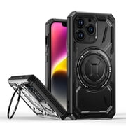 ShellTech for iPhone 13 Pro is a rugged shock-absorbing case with a ring stand and a metal plate for magnetic car mounts,Black