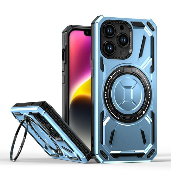 ShellTech for iPhone 13 Pro is a rugged shock-absorbing case with a ring stand and a metal plate for magnetic car mounts,Blue