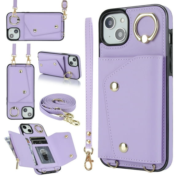 ShellTech for iPhone 14 Plus Wallet Case with Cross Body Chain,Zipper Case Cover with Coin Pocket Lanyard,Purple