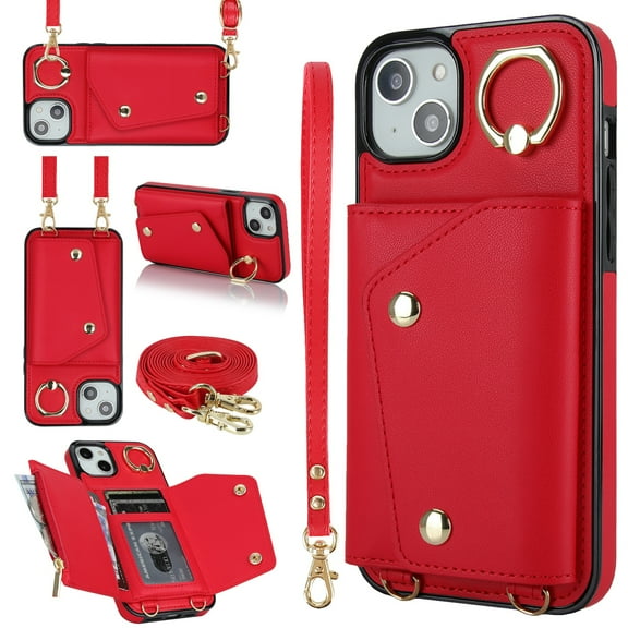 ShellTech for iPhone 14 Plus Wallet Case with Cross Body Chain,Zipper Case Cover with Coin Pocket Lanyard,Red