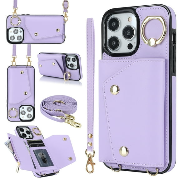 ShellTech for iPhone 14 Pro Wallet Case with Cross Body Chain,Zipper Case Cover with Coin Pocket Lanyard,Purple