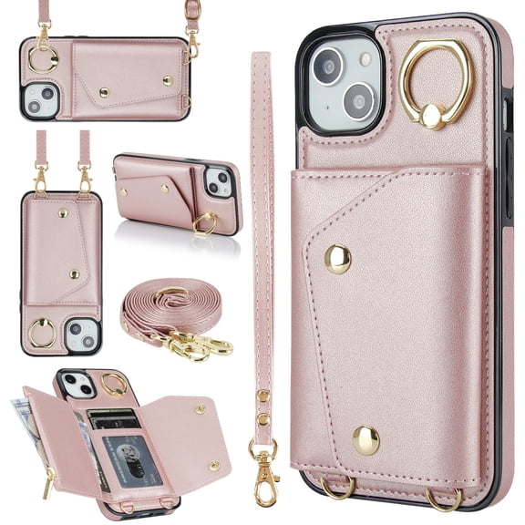 ShellTech for iPhone 14 Wallet Case with Cross Body Chain,Zipper Case Cover with Coin Pocket Lanyard,Rosegold