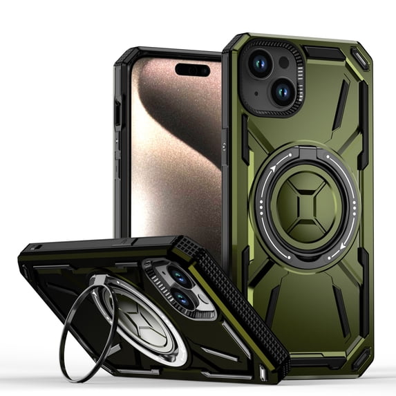ShellTech for iPhone 15 Plus case Compatibe with Mag Safe compatibility and a 360-degree rotatable ring stand feature,Green