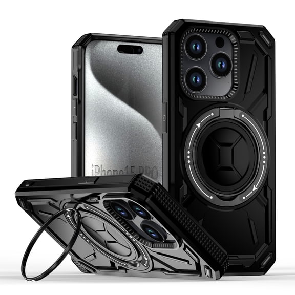 ShellTech for iPhone 15 Pro case Compatibe with Mag Safe compatibility and a 360-degree rotatable ring stand feature,Black