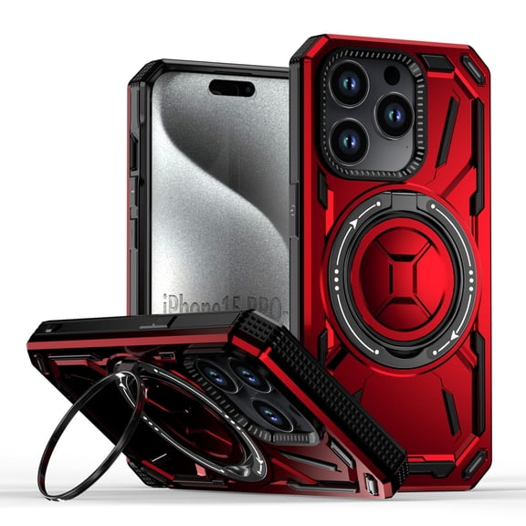 ShellTech for iPhone 15 Pro case Compatibe with Mag Safe compatibility and a 360-degree rotatable ring stand feature,Red