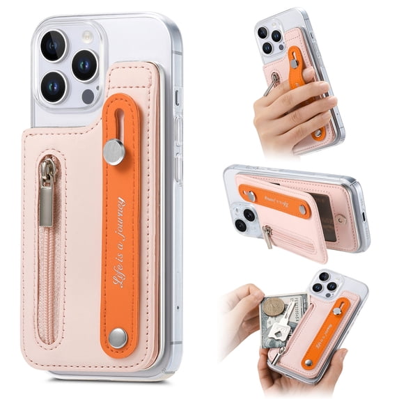ShellTech for iPhone 16 Plus Wallet Case Cover Slim Stand Credit Card Holder Slot TPU Hand Strap for iPhone16 Plus Case Women Men,Pink