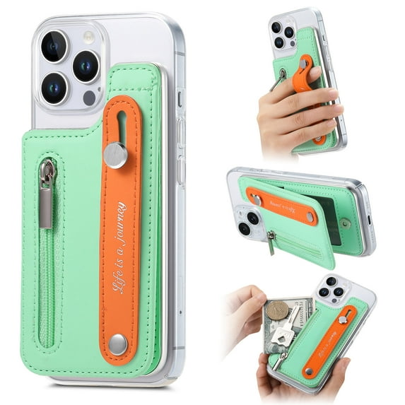 ShellTech for iPhone 16 Wallet Case Cover Slim Stand Credit Card Holder Slot TPU Hand Strap for iPhone16 Case Women Men,Mint