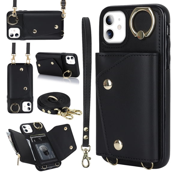 ShellTech for iPhone 11 Case with Card Holder and Strap - Zipper Pocket,Crossbody Lanyard Strap,Credit Card Holder,Stand Ring,Cute Phone Wallet Case for Women,Black