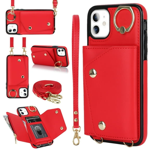 ShellTech for iPhone 11 Case with Card Holder and Strap - Zipper Pocket,Crossbody Lanyard Strap,Credit Card Holder,Stand Ring,Cute Phone Wallet Case for Women,Red