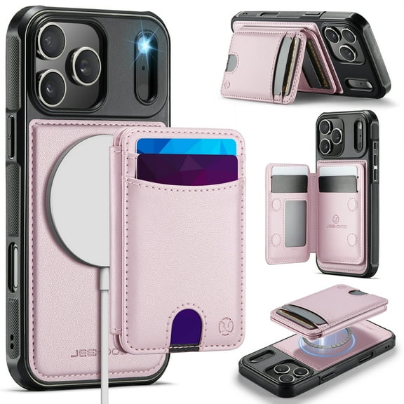 ShellTech For iPhone 13 PU Leather PC+TPU Magnetic Wallet Case, Anti-Scratch RFID Blocking 2 in 1 Detachable Kickstand Shockproof Cover, Card/Cash Slots, Compatible with MagSafe Qi,Pink