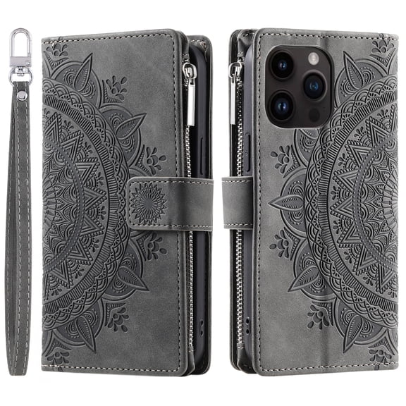 ShellTech iPhone 13 Pro Case Wallet for Women, Mandala Floral Embosssed PU Leather,Gray