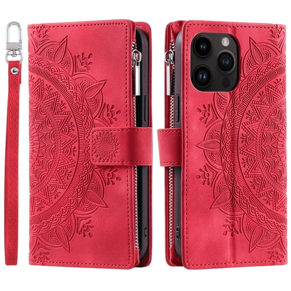 ShellTech iPhone 13 Pro Case Wallet for Women, Mandala Floral Embosssed PU Leather,Red