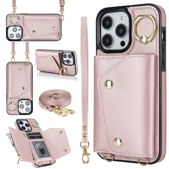 ShellTech for iPhone 13 Pro Max Case with Card Holder and Strap - Zipper Pocket,Crossbody Lanyard Strap,Credit Card Holder,Stand Ring,Cute Phone Wallet Case for Women,Rosegold
