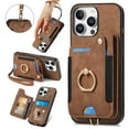 thumbnail image 1 of ShellTech for iPhone 13 Pro Max Retro PU Leather Wallet Case with Card Holder Ring Stand RFID Function Credit Card Slot with Ring Stand Protective Cover Wrist Strap,Brown, 1 of 11