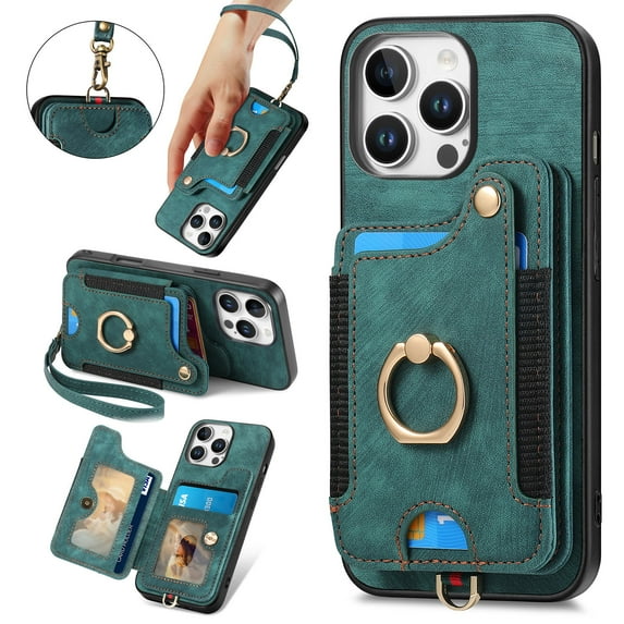 ShellTech for iPhone 13 Pro Max Retro PU Leather Wallet Case with Card Holder Ring Stand RFID Function Credit Card Slot with Ring Stand Protective Cover Wrist Strap,Green