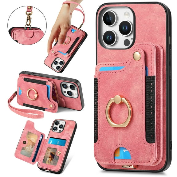 ShellTech for iPhone 13 Pro Retro PU Leather Wallet Case with Card Holder Ring Stand RFID Function Credit Card Slot with Ring Stand Protective Cover Wrist Strap,Pink