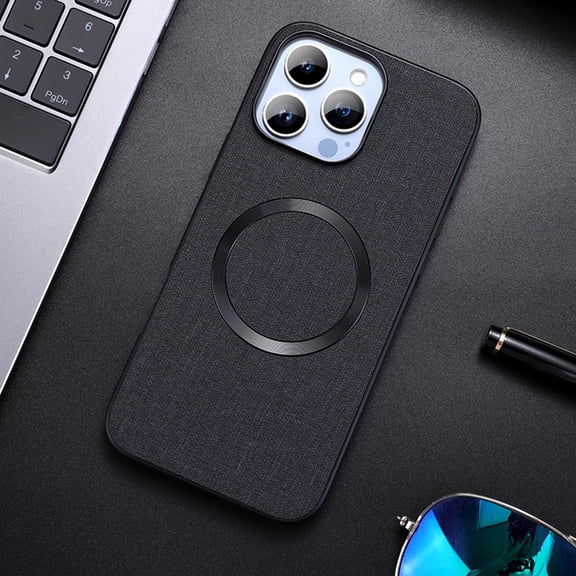 ShellTech for iPhone 14 Magnetic Leather Case, Thin Anti-Fingerprint Fabric Feel Shockproof Scratch-Resistant Compatible with MagSafe Wireless Charging Soft Silicone TPU Cover,Black