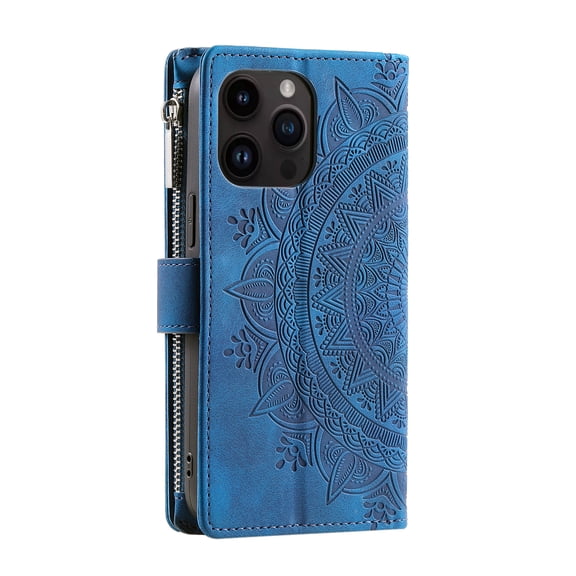 ShellTech iPhone 14 Pro Case Wallet for Women, Mandala Floral Embosssed PU Leather,Blue