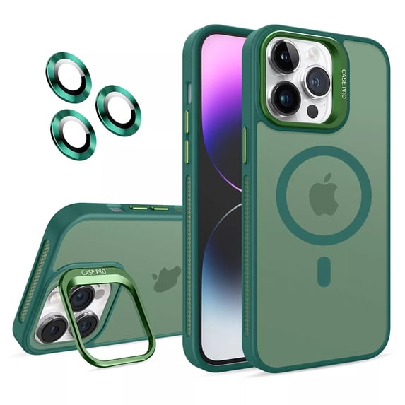 ShellTech for iPhone 14 Pro Magnetic Case Compatible with MagSafe,Military Grade Drop Protection Slim Translucent Matte Anti-Fingerprint Camera Ring Stand Shockproof Bumper Cover,Darkgreen
