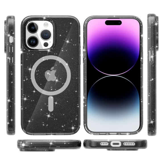 ShellTech for iPhone 14 Pro Max Case Clear Magnetic Glitter Compatible with Magsafe, Sparkle Bling Hard Magnet Mag Cover Non-Yellowing, Shiny Cute Phone Case for Women Gilrl,Gray