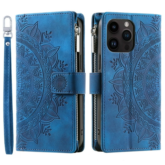 ShellTech iPhone 14 Pro Max Case Wallet for Women, Mandala Floral Embosssed PU Leather,Blue