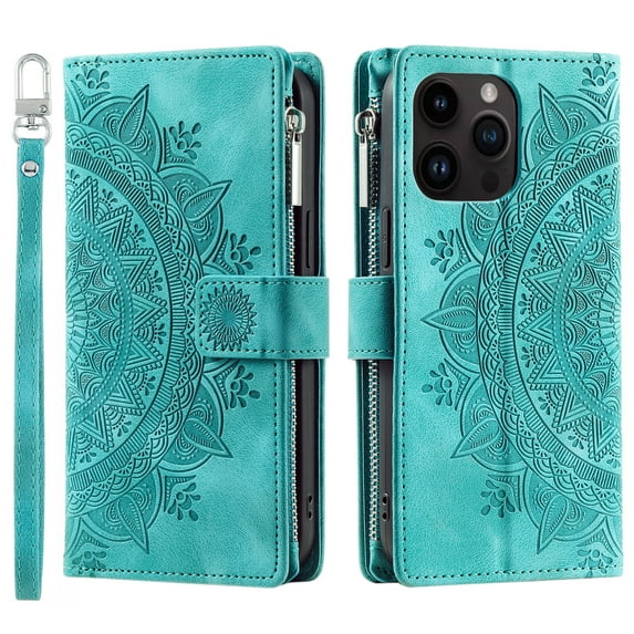 ShellTech iPhone 14 Pro Max Case Wallet for Women, Mandala Floral Embosssed PU Leather,Green