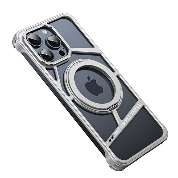 ShellTech for iPhone 14 Pro Metal Frameless Case, Compatible with MagSafe Ultra-Lightweight Hollow Design Heat Dissipation Slim Case with 360° Rotating Magnetic Stand,Silver