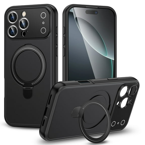 ShellTech For iPhone 14 Pro PC+TPU Magnetic Case,Wireless Charging Ring Kickstand, Anti-Scratch Military Grade Shockproof Non-Slip Anti-Fingerprint Full Camera Protection,Black