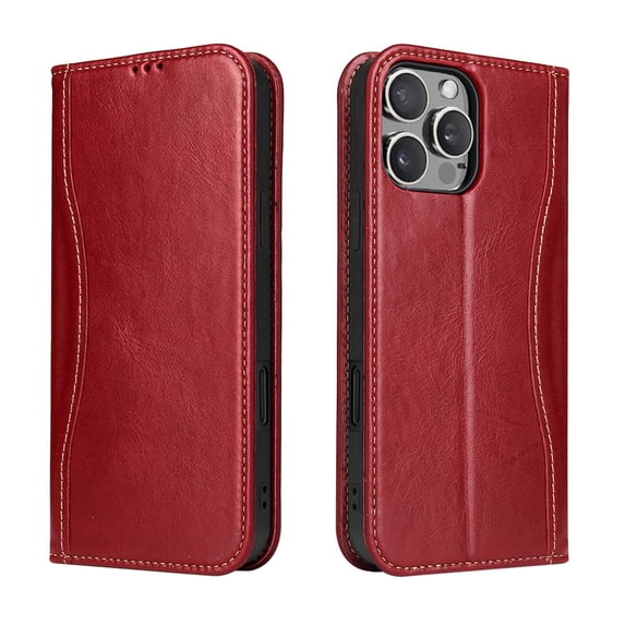 ShellTech for iPhone 15 Leather Wallet Case,Luxury Genuine Vintage Leather [Slim and Durable] with Card Slot & Kickstand [Magnetic Closure] Flip Folio Case,Red