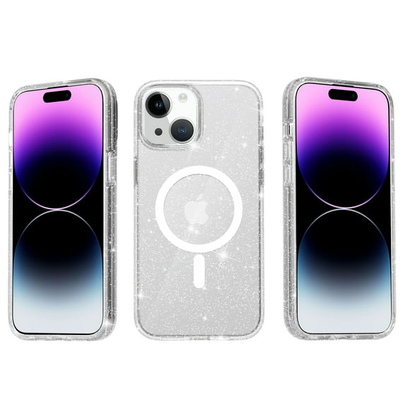 ShellTech for iPhone 15 Plus Case Clear Magnetic Glitter Compatible with Magsafe, Sparkle Bling Hard Magnet Mag Cover Non-Yellowing, Shiny Cute Phone Case for Women Gilrl,White