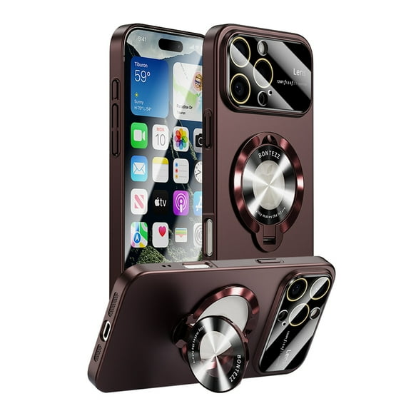 ShellTech for iPhone 15 Pro Hard PC Magnetic Case,Large Window Phone Case Leak Label with Ring 360°Ring Holder Stand,Frosted Durable Slim Shockproof Cover Camera Lens Protection,Red