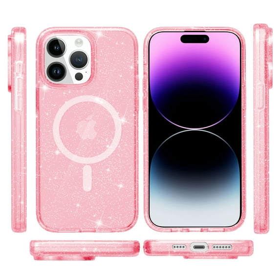 ShellTech for iPhone 15 Pro Max Case Clear Magnetic Glitter Compatible with Magsafe, Sparkle Bling Hard Magnet Mag Cover Non-Yellowing, Shiny Cute Phone Case for Women Gilrl,Pink