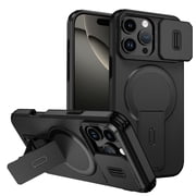 ShellTech For iPhone 15 Pro Max PC+TPU Case Magnetic Kickstand Rugged, Shockproof, Compatible with Magsafe Wireless Charging, Heavy Duty Anti-Fingerprint Slide Camera Lens Cover,Black