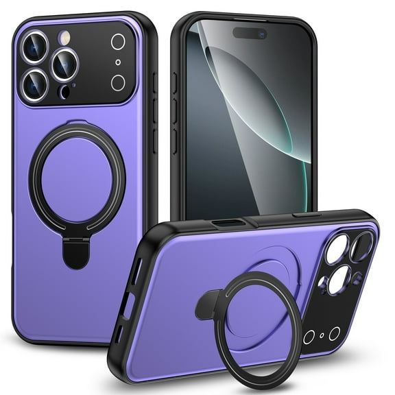 ShellTech For iPhone 15 Pro Max PC+TPU Magnetic Case,Wireless Charging Ring Kickstand, Anti-Scratch Military Grade Shockproof Non-Slip Anti-Fingerprint Full Camera Protection,Purple