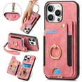 thumbnail image 1 of ShellTech for iPhone 15 Pro Max Retro PU Leather Wallet Case with Card Holder Ring Stand RFID Function Credit Card Slot with Ring Stand Protective Cover Wrist Strap,Pink, 1 of 11