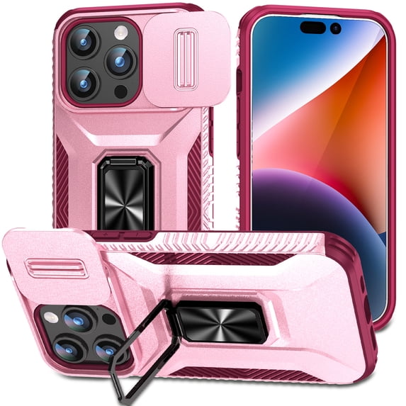 ShellTech for iPhone 15 Pro Phone Case with Camera Cover & Kickstand Military Grade Shockproof with Magnetic Car Mount Holder Case for iPhone 15 Pro,Pink