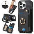 thumbnail image 1 of ShellTech for iPhone 15 Pro Retro PU Leather Wallet Case with Card Holder Ring Stand RFID Function Credit Card Slot with Ring Stand Protective Cover Wrist Strap,Black, 1 of 11