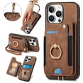 thumbnail image 1 of ShellTech for iPhone 15 Pro Retro PU Leather Wallet Case with Card Holder Ring Stand RFID Function Credit Card Slot with Ring Stand Protective Cover Wrist Strap,Brown, 1 of 11